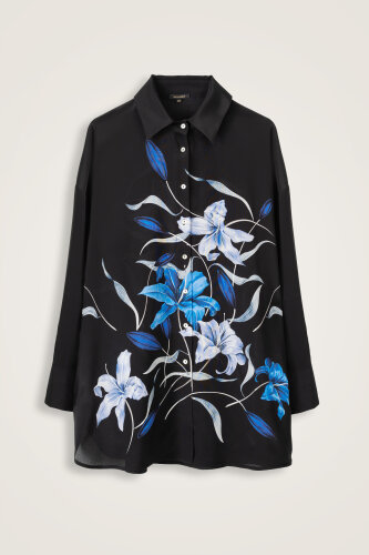 Lily Black-Blue Crepe Silk Shirt Pajamas - 1