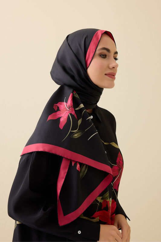Lily Black-Red Twill Silk Shirt Shawl - 1