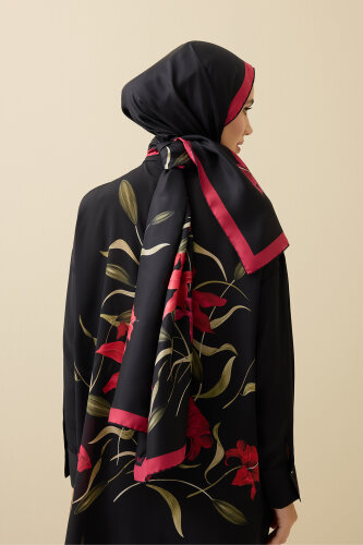 Lily Black-Red Twill Silk Shirt Shawl - 3
