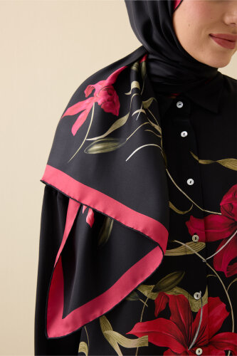 Lily Black-Red Twill Silk Shirt Shawl - 4