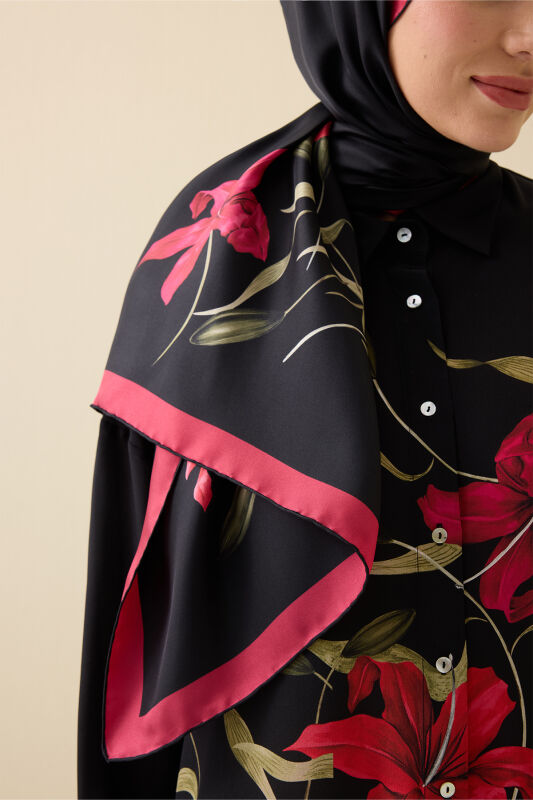 Lily Black-Red Twill Silk Shirt Shawl - 4