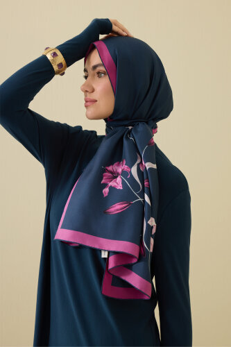 Lily Navy Blue-Fuchsia Silk Dress Shawl - 5