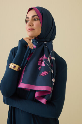 Lily Navy Blue-Fuchsia Silk Dress Shawl 