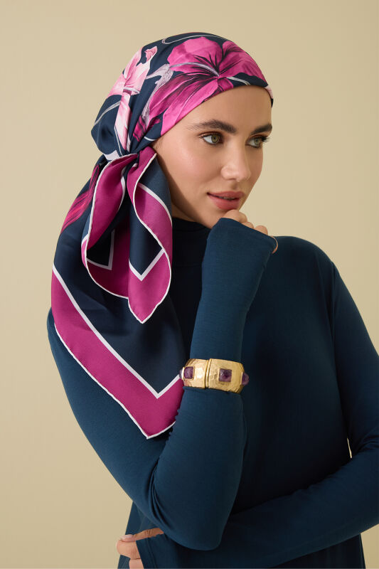 Lily Navy Blue-Fuchsia Silk Scarf - 1