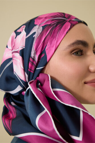 Lily Navy Blue-Fuchsia Silk Scarf - 3