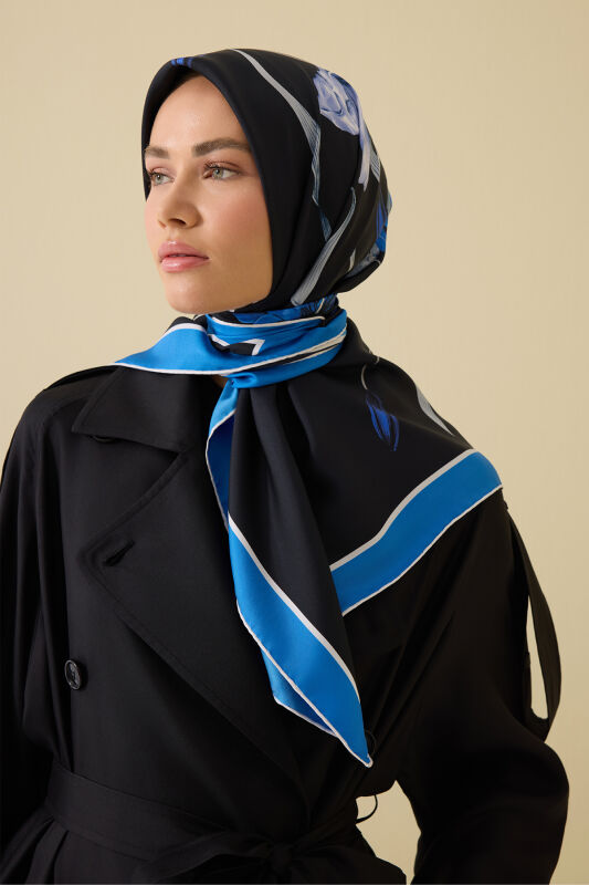 Lily Navy Blue Silk Scarf - 1