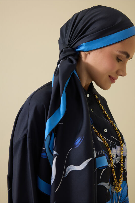 Lily Navy Blue Twill Silk Shirt Shawl - 4