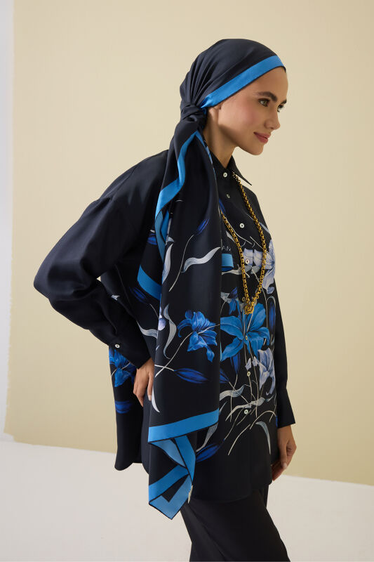 Lily Navy Blue Twill Silk Shirt Shawl - 1