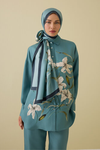 Lily Turquoise Twill Silk Shirt Shawl - Imannoor