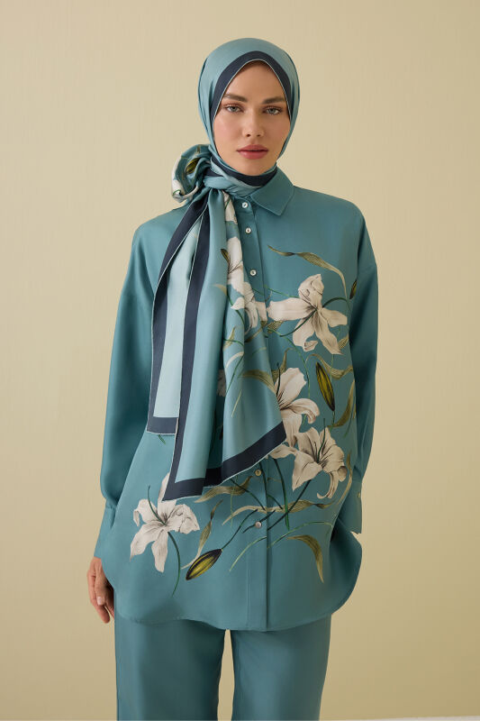 Lily Turquoise Twill Silk Shirt Shawl - 1