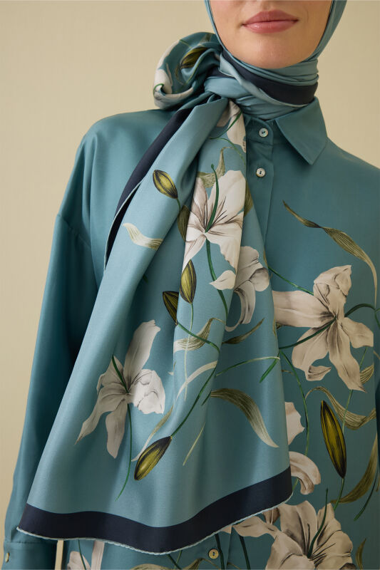 Lily Turquoise Twill Silk Shirt Shawl - 5
