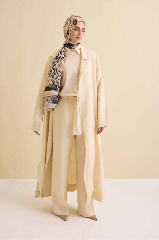 Long Ecru Linen Jacket with Collar Detail - 3