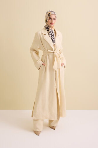 Long Ecru Linen Jacket with Collar Detail - 1