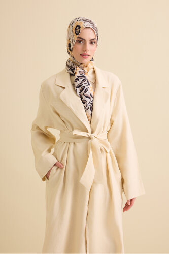 Long Ecru Linen Jacket with Collar Detail - 2