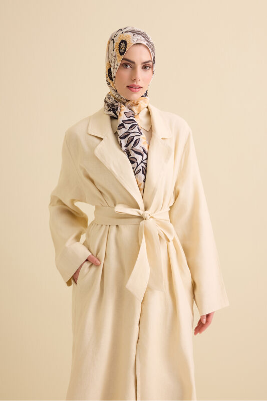 Long Ecru Linen Jacket with Collar Detail - 2