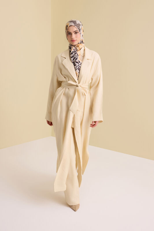 Long Ecru Linen Jacket with Collar Detail - 4