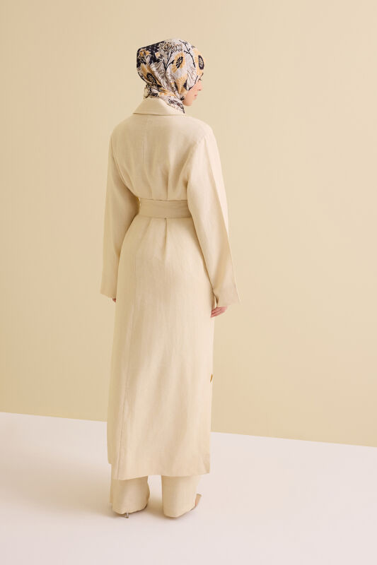 Long Ecru Linen Jacket with Collar Detail - 5