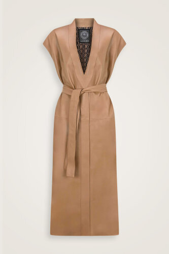 Long Milky Brown Leather Vest - 1