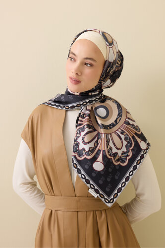 Lotus Black Twill Silk Scarf - 5