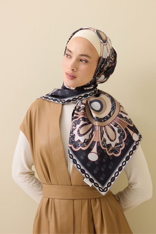 Lotus Black Twill Silk Scarf - 5