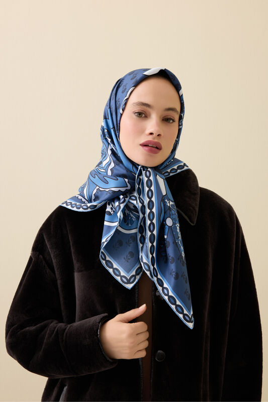 Lotus Navy Blue Silk Twill Scarf - 1