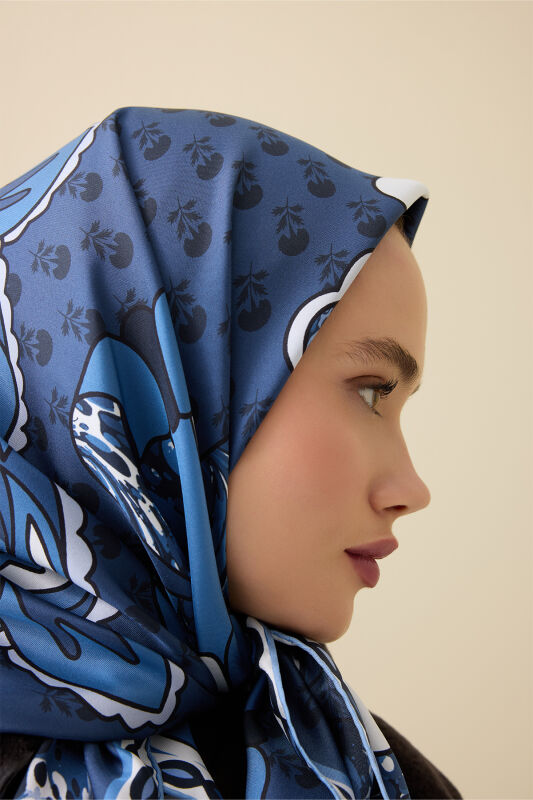 Lotus Navy Blue Silk Twill Scarf - 5