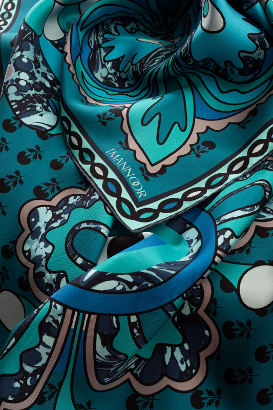 Lotus Turquoise Silk Twill Scarf - 4