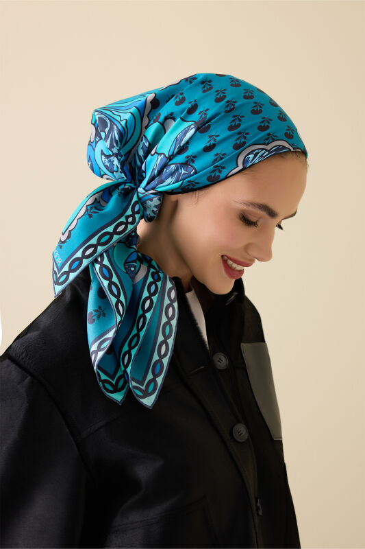 Lotus Turquoise Silk Twill Scarf - 3