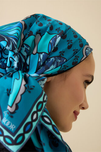Lotus Turquoise Silk Twill Scarf - 5