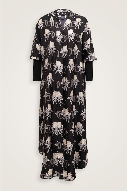 Love Knitted Sleeve Black Silk Twill Kimono - 1