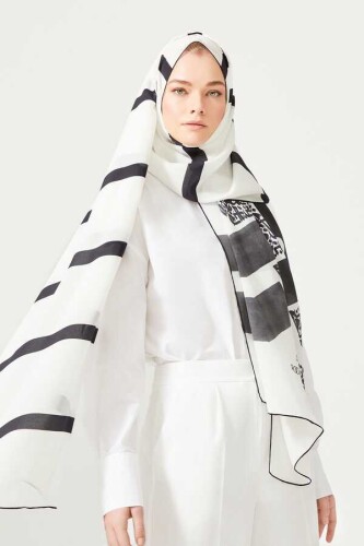 Lover's Knot Silk Shawl White/Black - 6