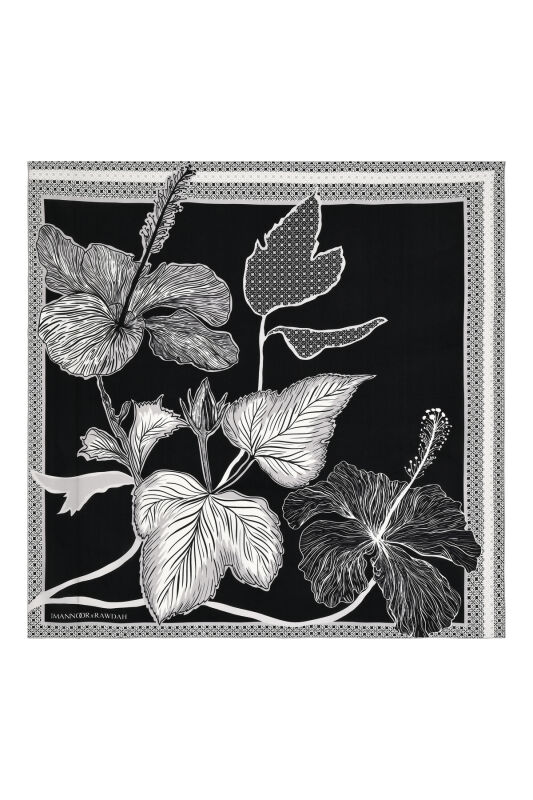 Imannoor x Rawdah Mecca Rose Black and White Silk Large Scarf 110x110 - 1