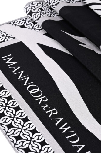 Imannoor x Rawdah Mecca Rose Black and White Silk Large Scarf 110x110 - 2