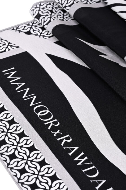 Imannoor x Rawdah Mecca Rose Black and White Silk Large Scarf 110x110 - 2