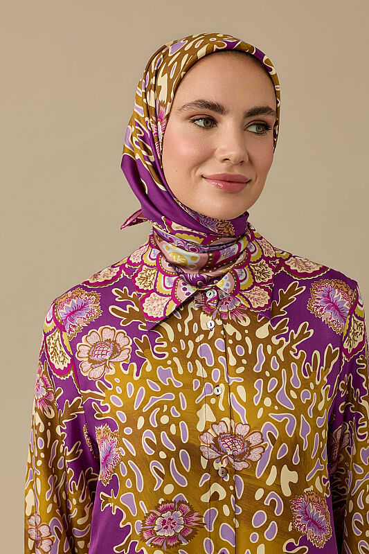 Mercan Bahçesi Mürdüm Tivil İpek Eşarp 90x90 - 1