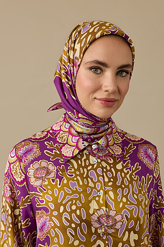 Mercan Bahçesi Mürdüm Tivil İpek Eşarp 90x90 - 5