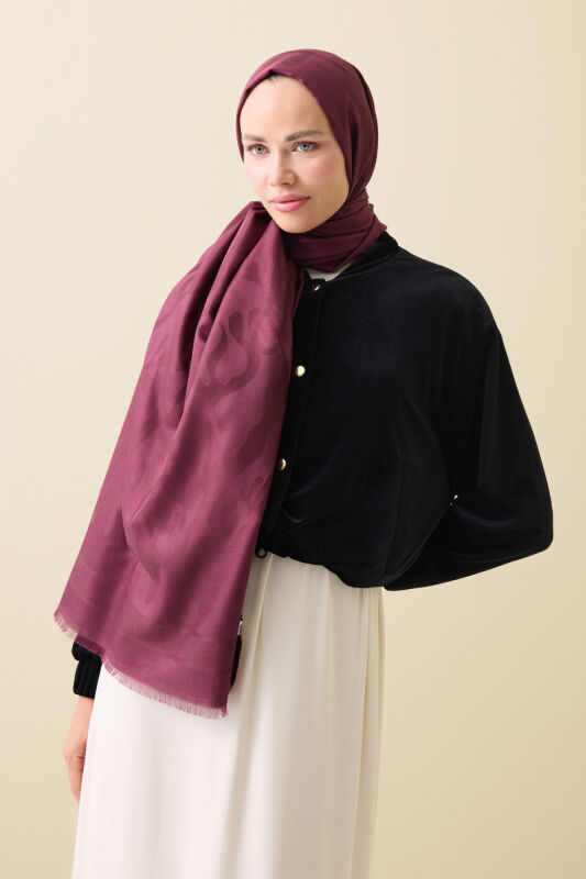 Mercan Bordo Jakarlı İpek Şal 70x200 - 3