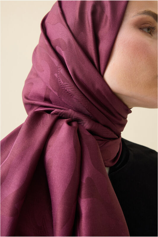 Mercan Bordo Jakarlı İpek Şal 70x200 - 5