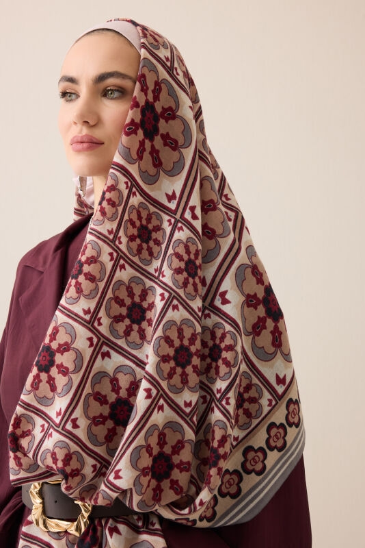 Mihrab Motif Beige-Burgundy Wool Scarf - 5