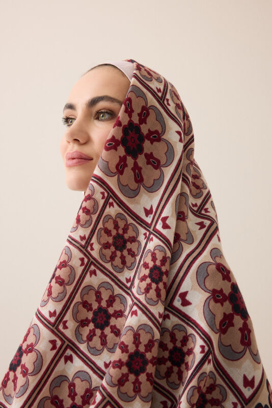 Mihrab Motif Beige-Burgundy Wool Scarf - 1