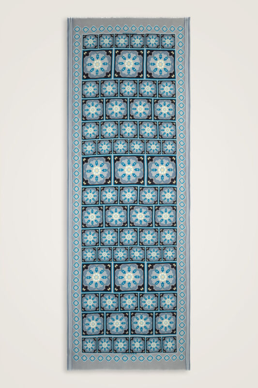 Mihrab Motif Turkuaz-Gri Yün Şal 70x200 - 2