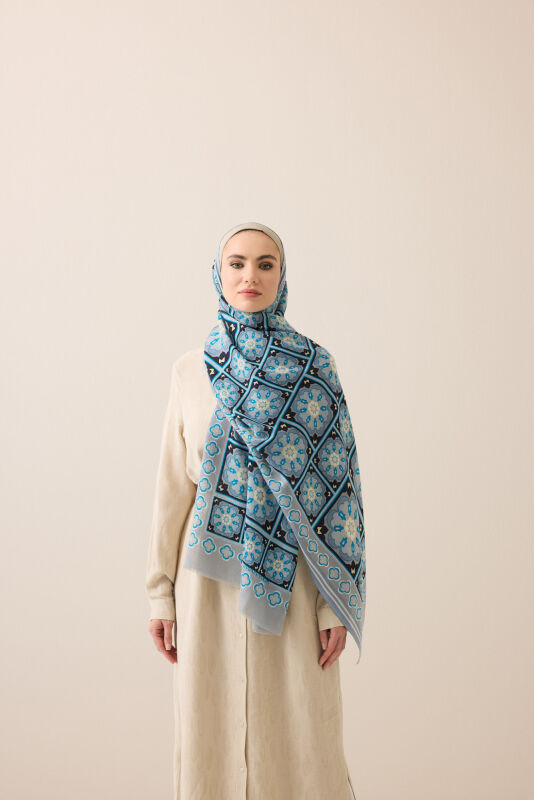 Mihrab Motif Turquoise-Gray Wool Scarf - 1