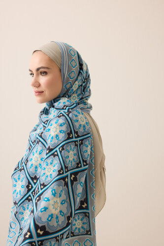 Mihrab Motif Turquoise-Gray Wool Scarf - 3