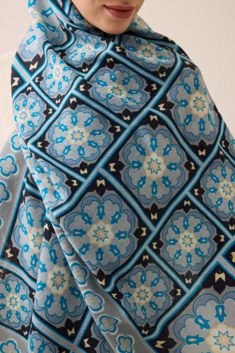 Mihrab Motif Turquoise-Gray Wool Scarf - 5