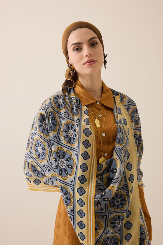 Mihrab Motif Yellow-Gray Wool Shawl - 2