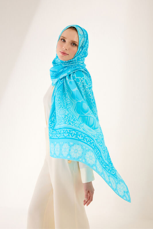 Mihrab Turquoise Cotton Silk Shawl - 7