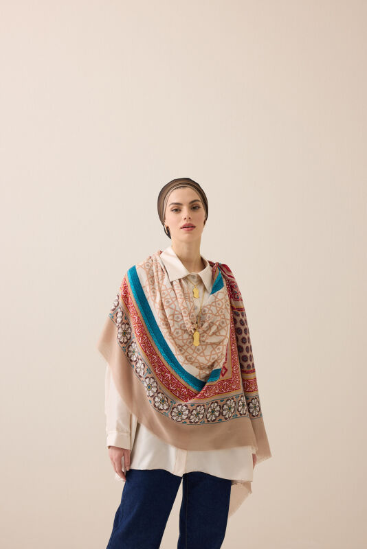 Mihrab Turquoise Wool Silk Shawl - 5