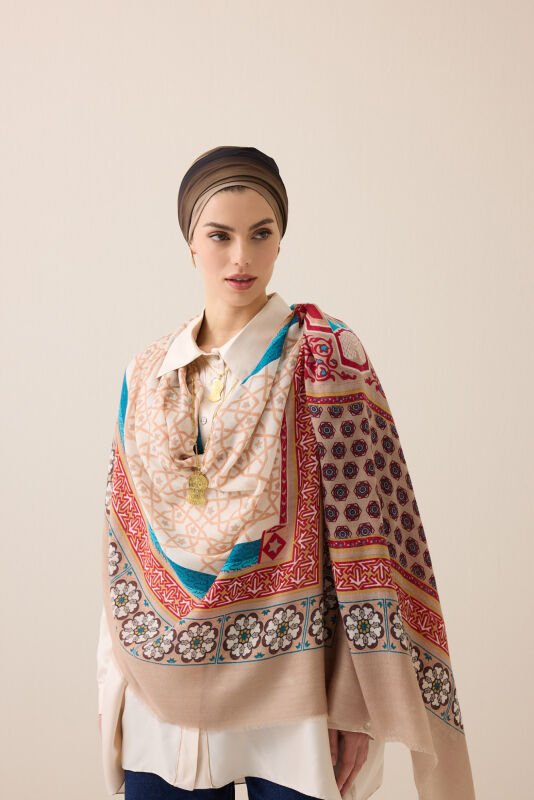 Mihrab Turquoise Wool Silk Shawl - 3