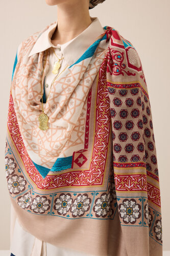 Mihrab Turquoise Wool Silk Shawl - 6