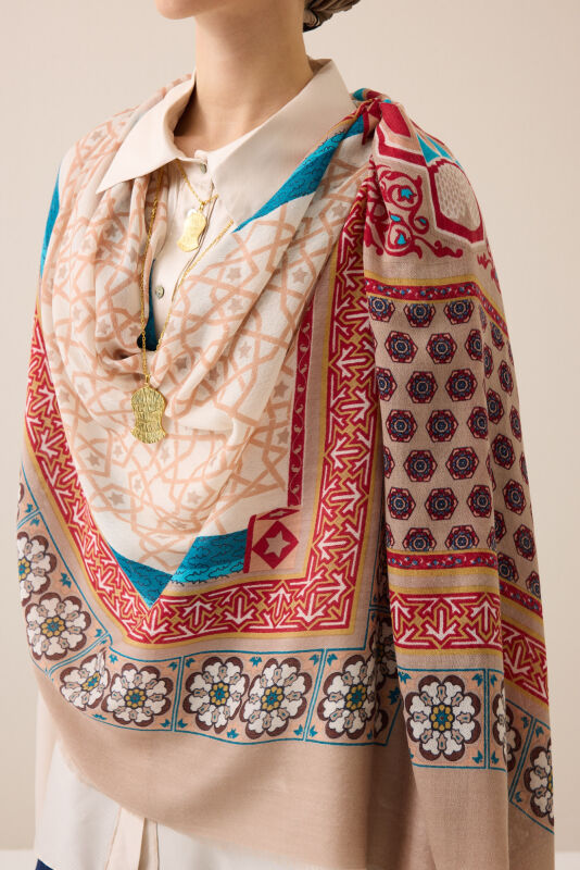 Mihrab Turquoise Wool Silk Shawl - 6